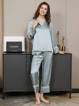 [Blau] SilkSilky-DE Langärmelig Damen Pyjamas 005