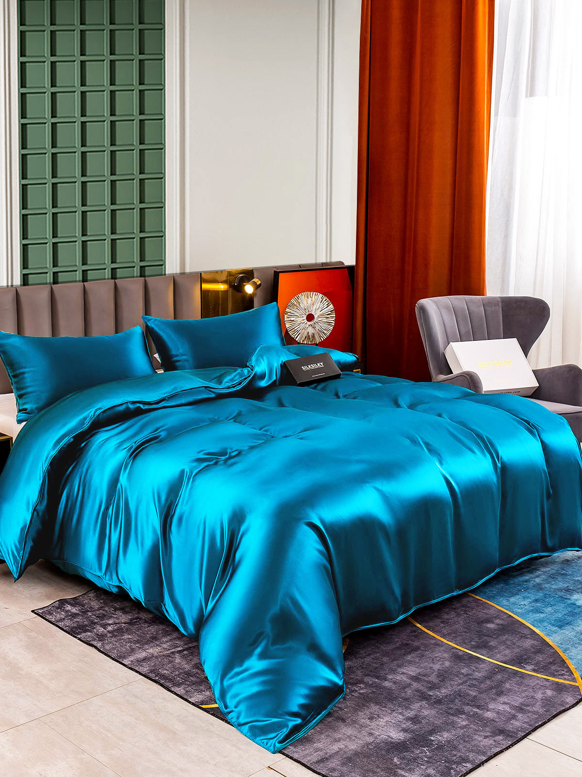 [König Blau] SilkSilky-DE 25Momme Reine Seide Bedding Set 001