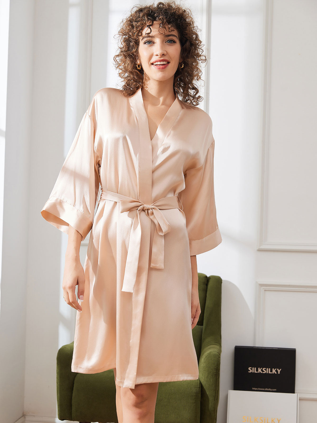 [Champagner] SilkSilky-DE Reine Seide Womens Robe 003
