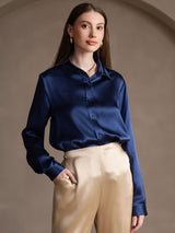 SilkSilky-DE 19Momme Seide Langärmelig Umlegekragen Damenhemd Dunkelblau 005