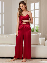 [Rotwein] SilkSilky-DE Spaghettiträger V Ausschnitt Camisole-Set 005