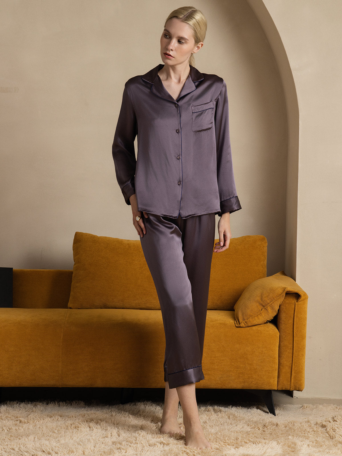 SilkSilky-DE Reine Seide Langärmelig Revers Damen Pyjamas LilaGrau 006