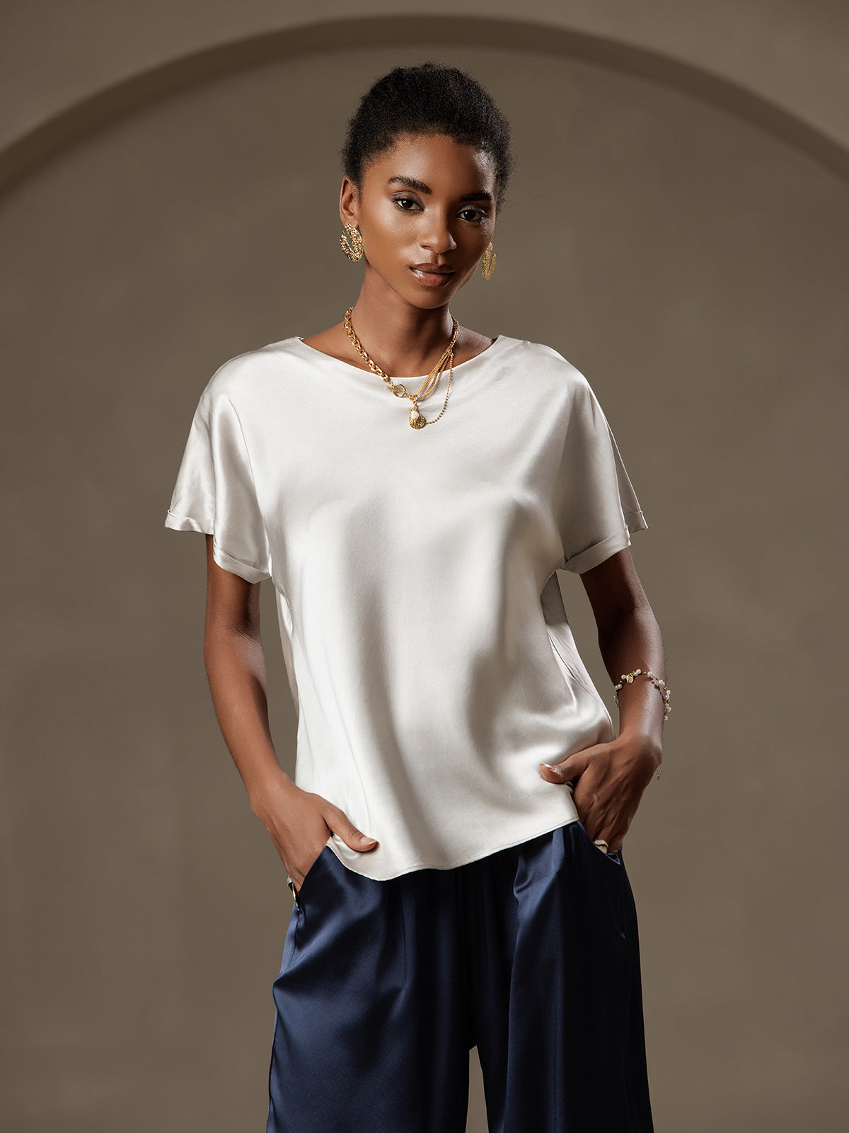 [Hellgrau] SilkSilky-DE 19Momme Seide Womens T-Shirt 001