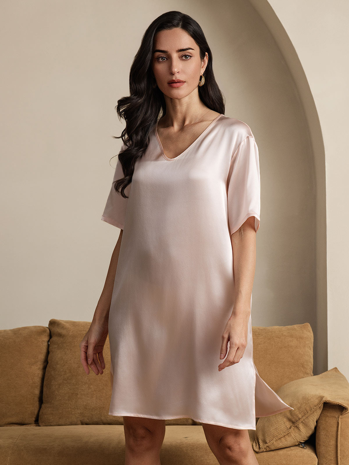 [Hellrosa] SilkSilky-DE Reine Seide V Ausschnitt Nachthemden 004