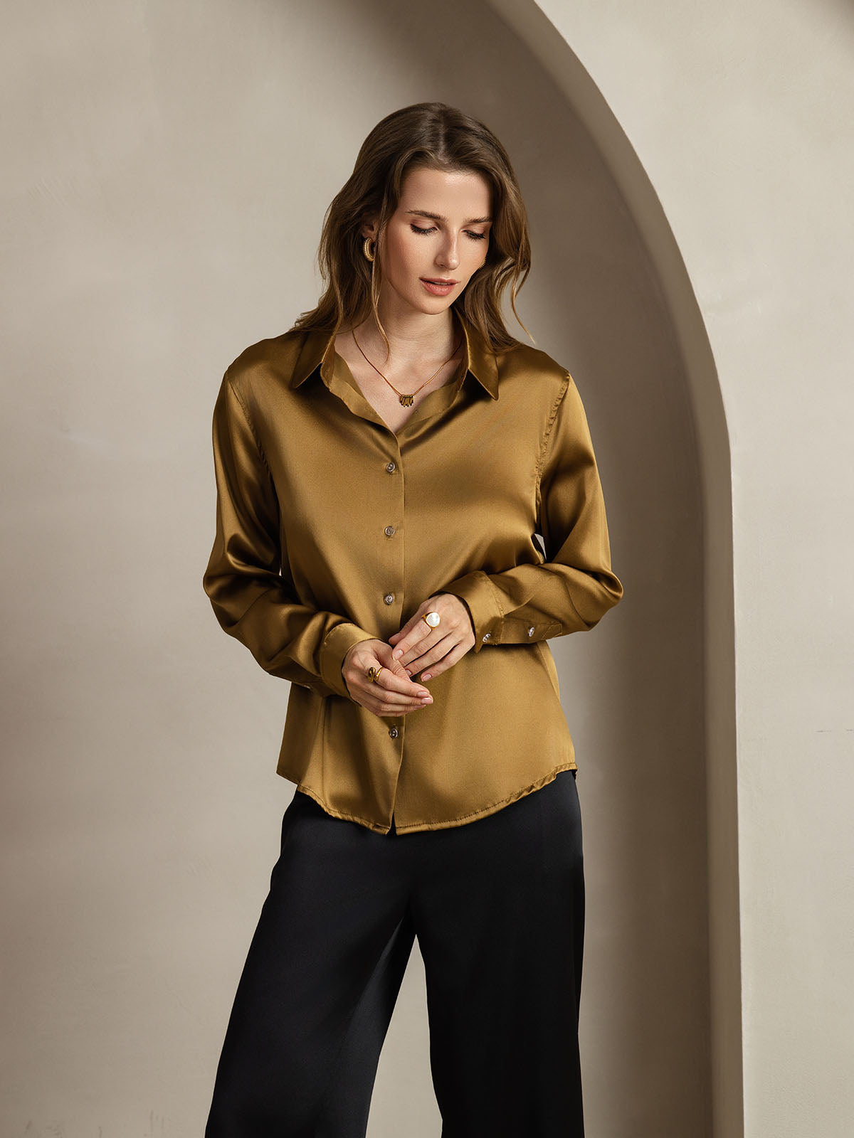 [Bronze] SilkSilky-DE Seide Umlegekragen Damenhemd 006
