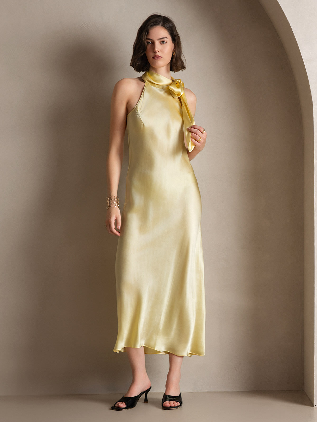 [Hellgelb] SilkSilky-DE 19Momme Seide Dress 007
