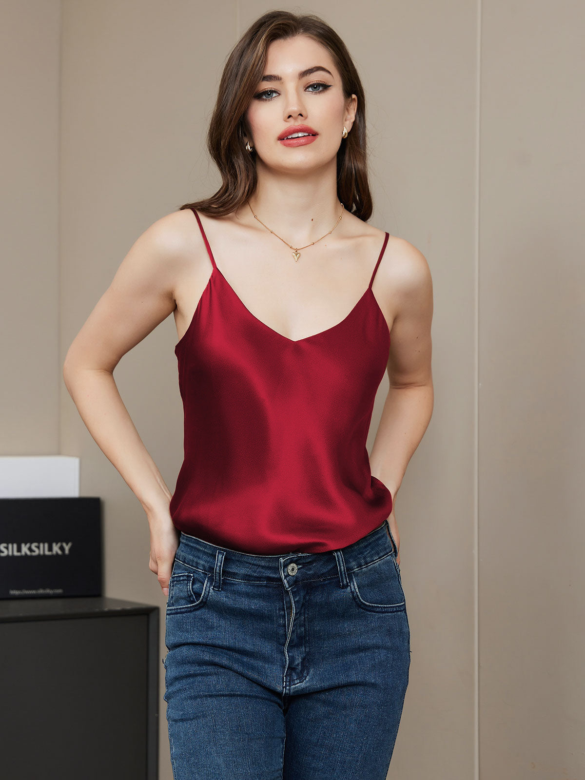 [Dunkelrot] SilkSilky-DE Reine Seide V Ausschnitt Cami Top 001