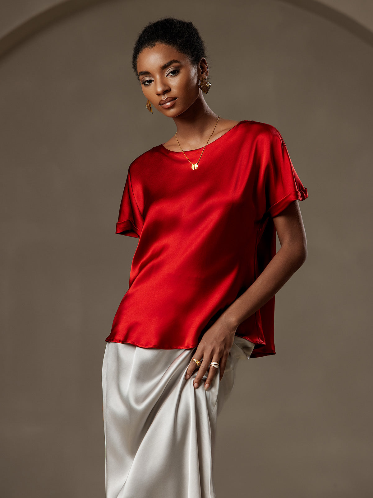 [Rotwein] SilkSilky-DE 19Momme Seide Womens T-Shirt 001