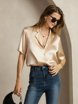[Champagner] SilkSilky-DE Short Sleeve Lapel Collar Damenhemd 001