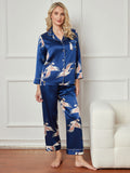 SilkSilky-DE 19Momme Reine Seide Langärmelig Revers Damen Pyjamas Dunkelblau 003