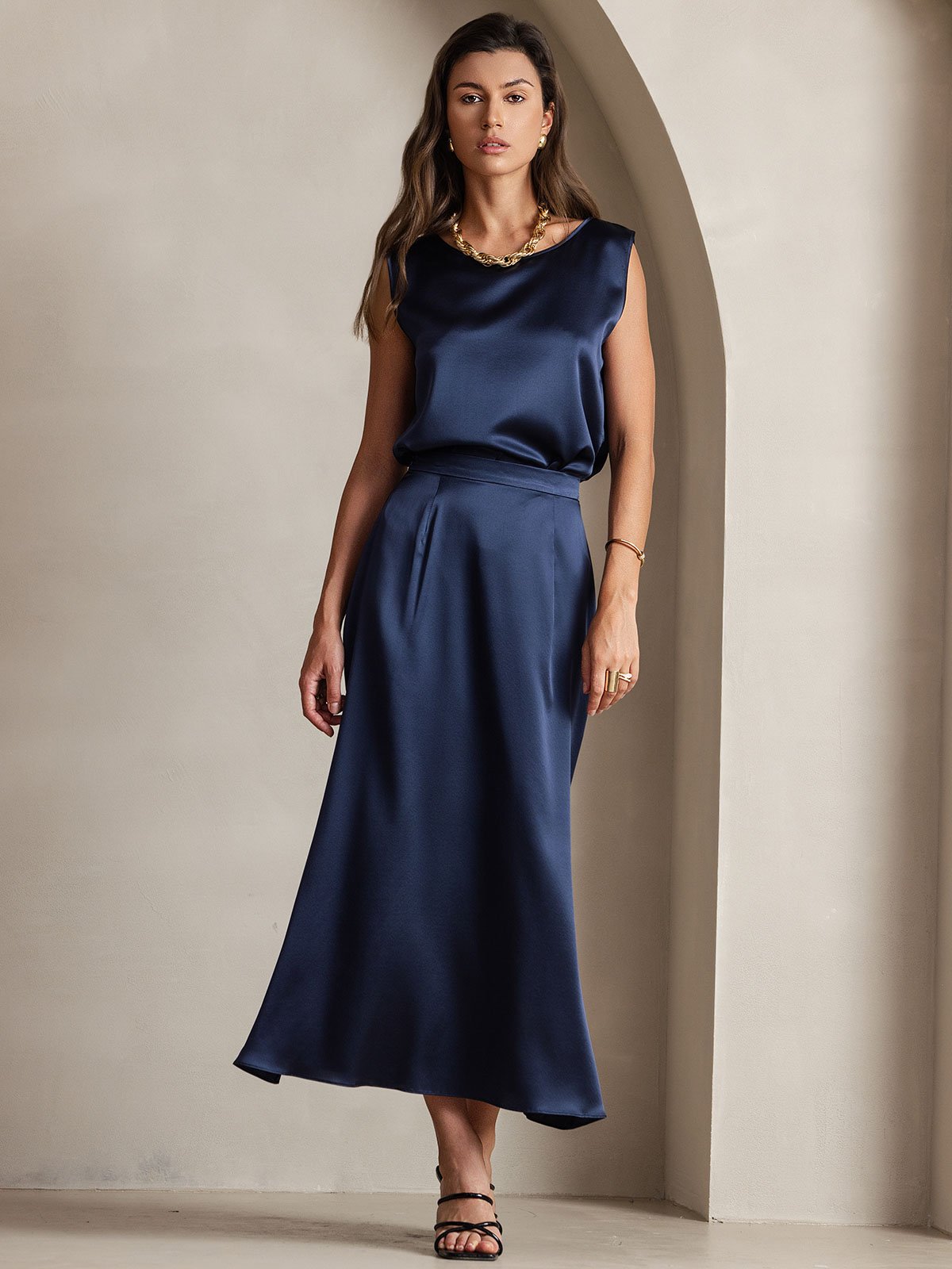 [Dunkelblau] SilkSilky-DE 19Momme Seide Skirt 005