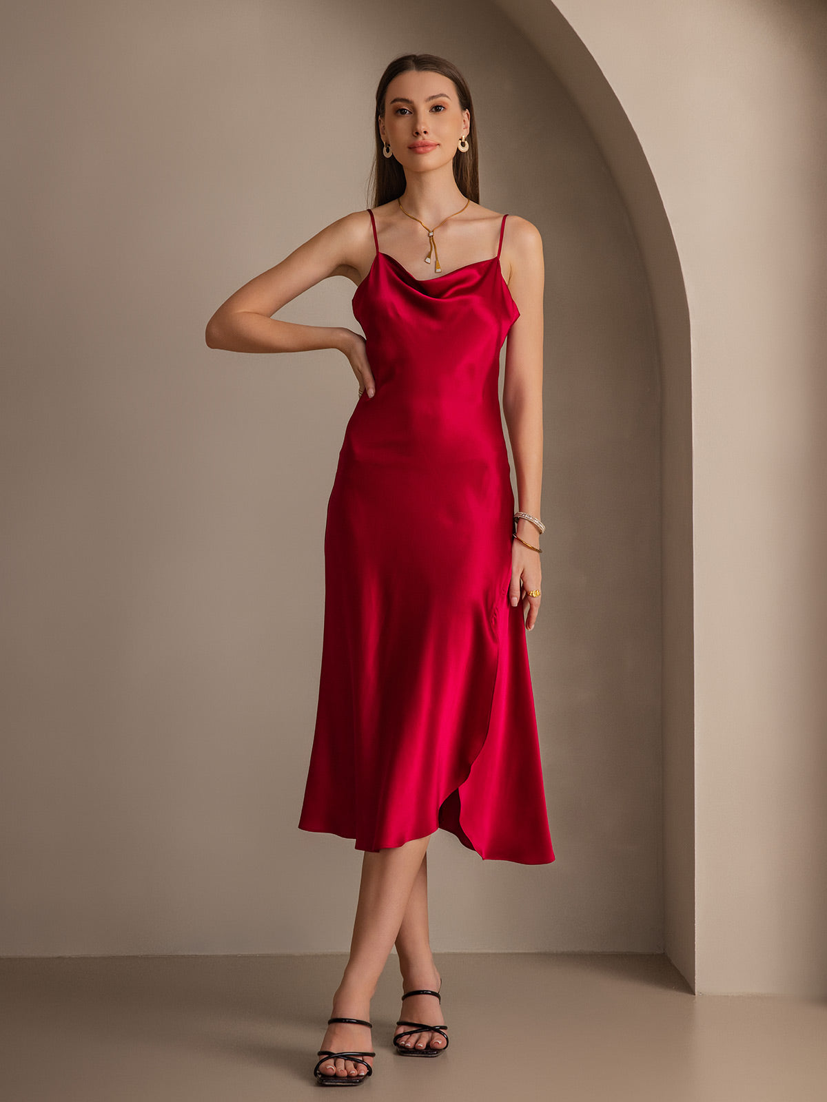 [Rotwein] SilkSilky-DE 19Momme Reine Seide Dress 004