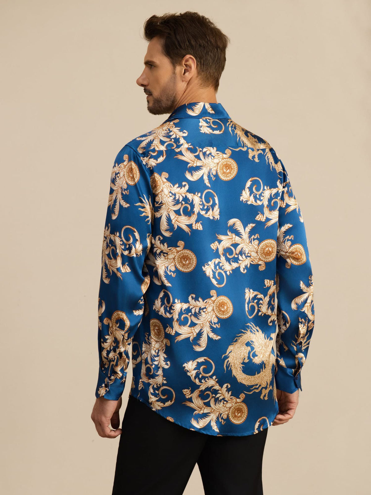 [Navy Drache] SilkSilky-DE Long Sleeve Lapel Collar Herrenhemd 002