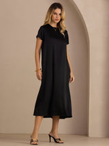 [Schwarz] SilkSilky-DE Short Sleeve Round Neck Kleider 005