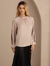 [Tan] SilkSilky-DE Long Sleeve Keyhole Neck Damenblusen 004