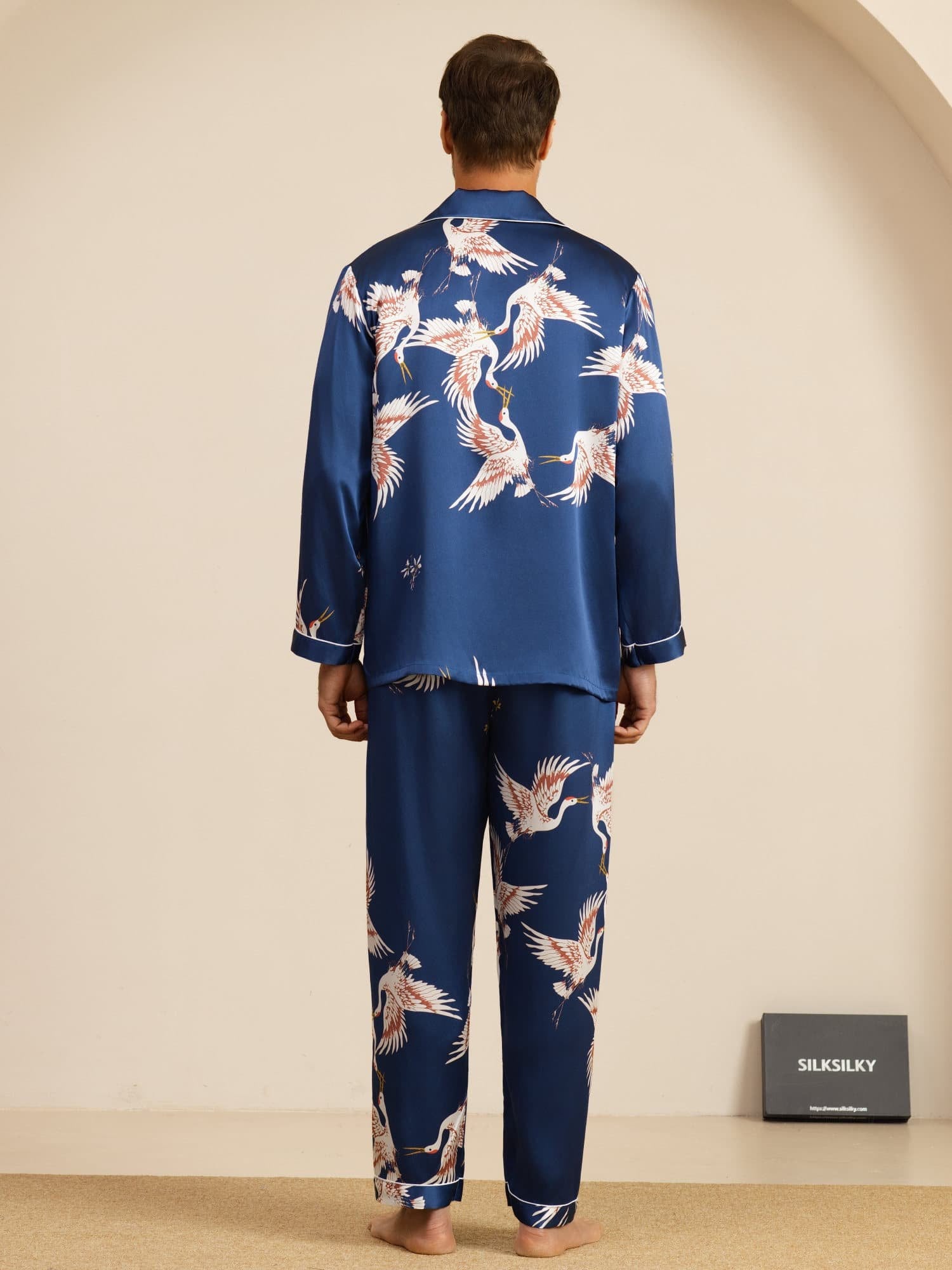 [Dunkelblau] SilkSilky-DE 19Momme Langärmelig Notch-Kragen Herren Pyjamas 002