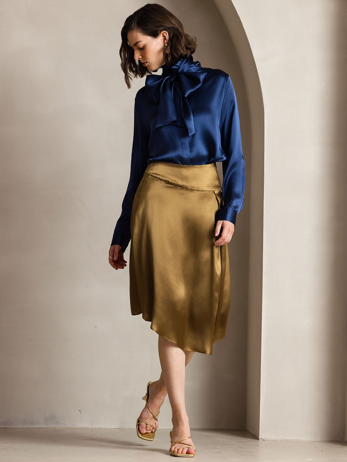 [Dunkelblau] SilkSilky-DE 19Momme Seide Langärmelig Blouse 005