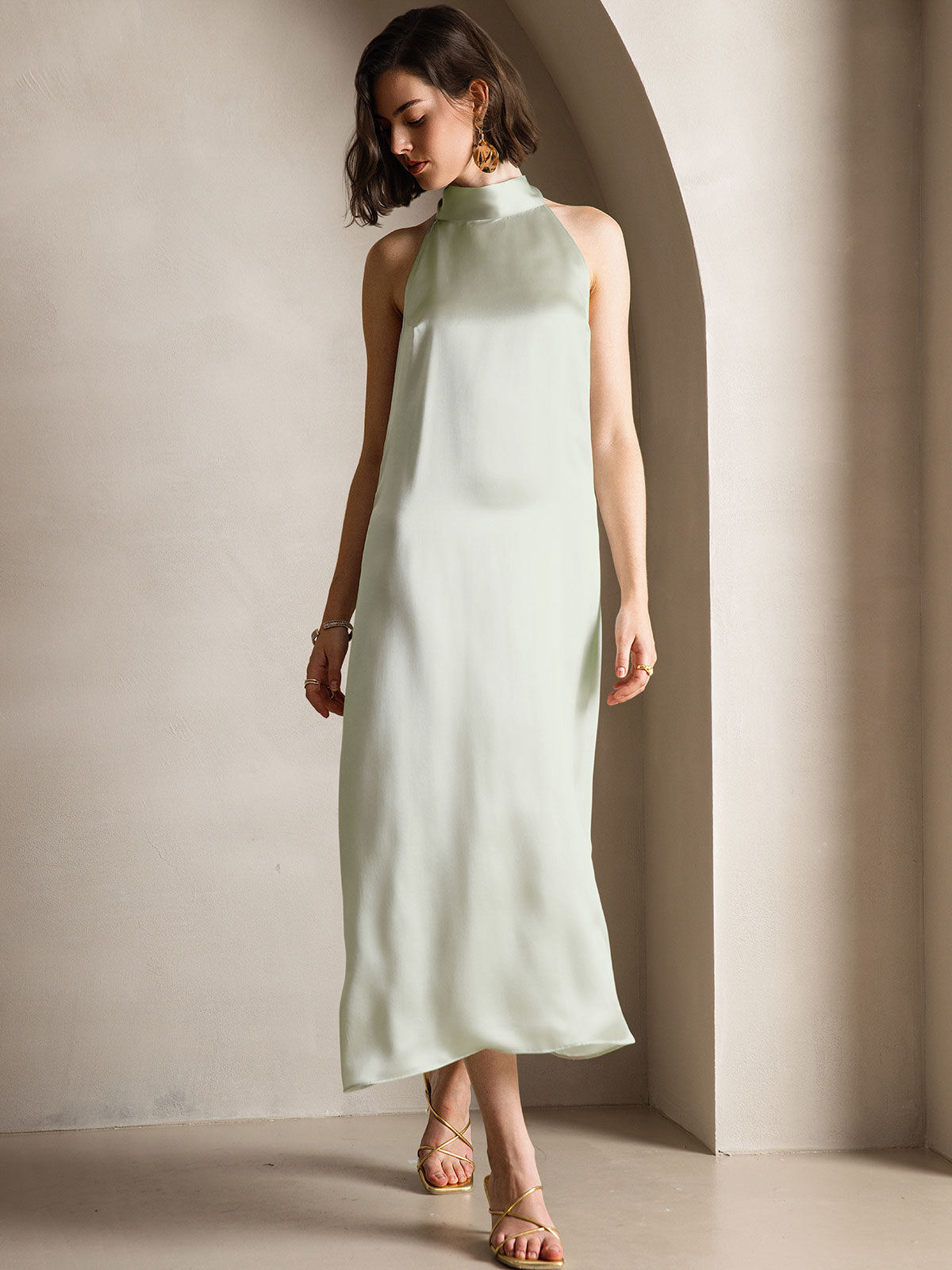 [Hellgrün] SilkSilky-DE 19Momme Seide Dress 005