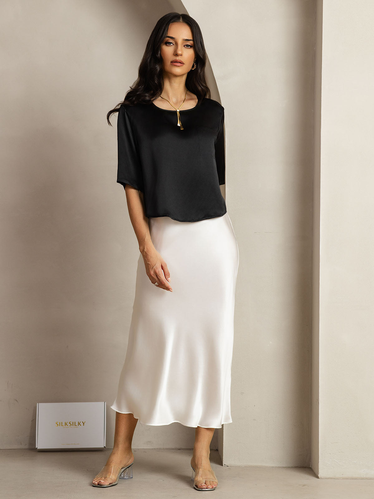 [Schwarz] SilkSilky-DE Reine Seide Womens T-Shirt 005