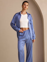 [Blaues Nadelstreifen] SilkSilky-DE Long Sleeve Lapel Collar Women's Outfit Sets 003