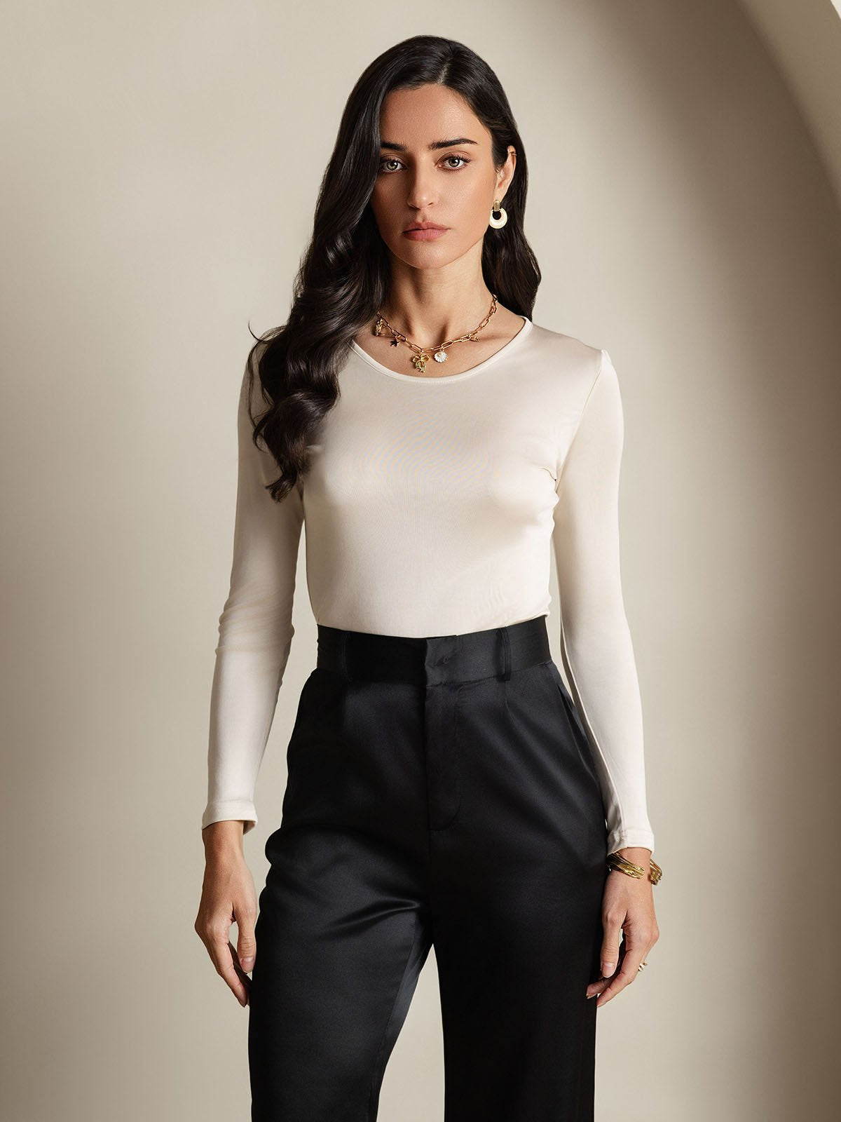 [Beige] SilkSilky-DE Langärmelig Rundhalsausschnitt T-Shirt 001