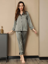 [Graugrün] SilkSilky-DE Reine Seide Langärmelig Womens Pajamas 003