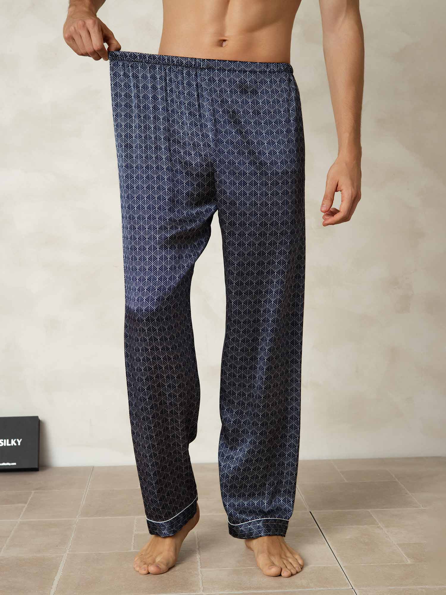 [Marine Ginkgo] SilkSilky-DE Reine Seide Mens Sleep Bottoms 003