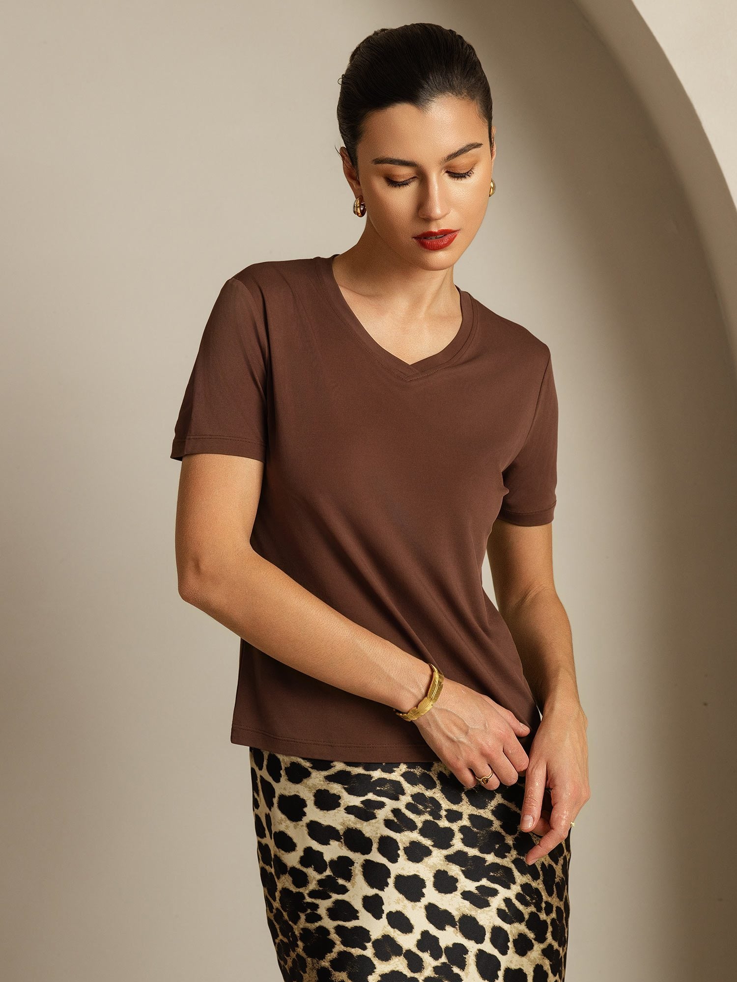 [Kaffee] SilkSilky-DE Reine Seide V Ausschnitt T-Shirt 006