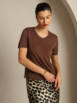 [Kaffee] SilkSilky-DE Short Sleeve V Neck T-Shirt 006