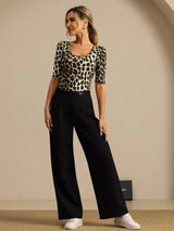 [Leopard] SilkSilky-DE Halblange Ärmel Tiefer Rundhalsausschnitt T-Shirt 008
