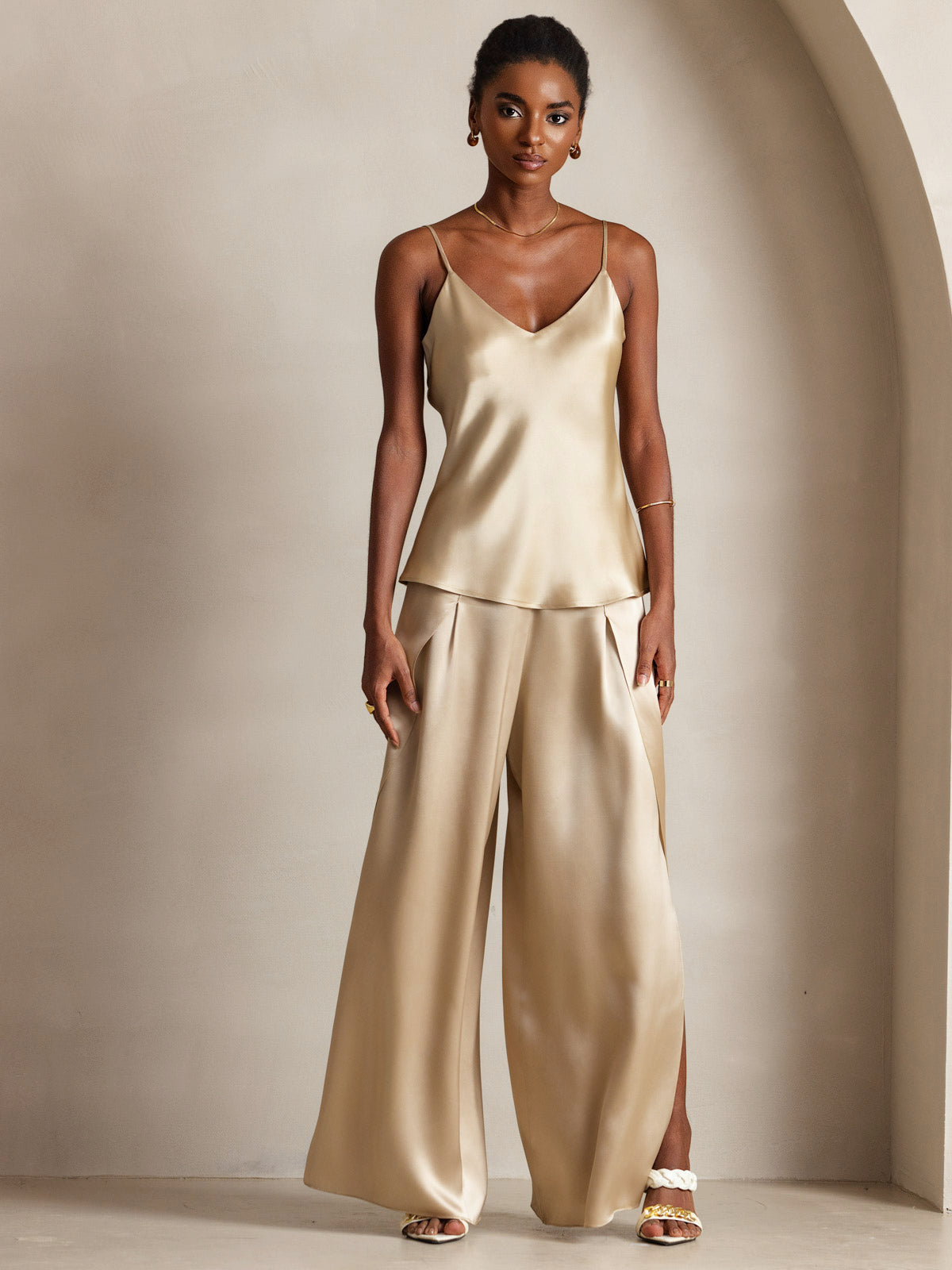 [Champagner] SilkSilky-DE Reine Seide V Ausschnitt Cami Top 005