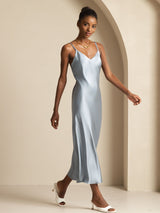 [Graublau] SilkSilky-DE Sleeveless V Neck Kleider 004
