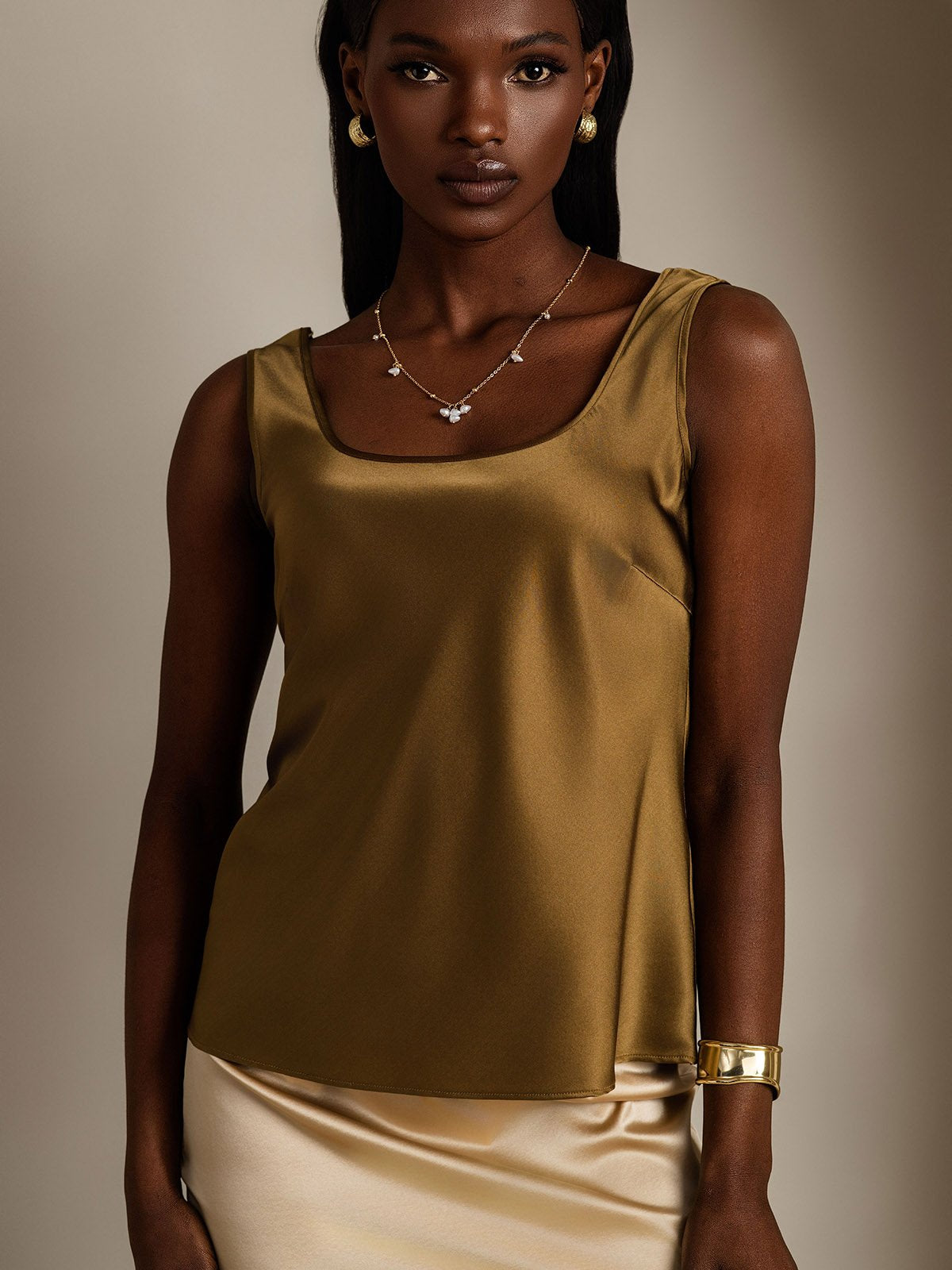 [Braun] SilkSilky-DE 19Momme Seide U Ausschnitt Cami Top 004