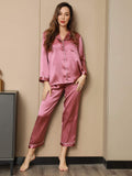 SilkSilky-DE Reine Seide Langärmelig Revers Damen Pyjamas BlassesMauve 005