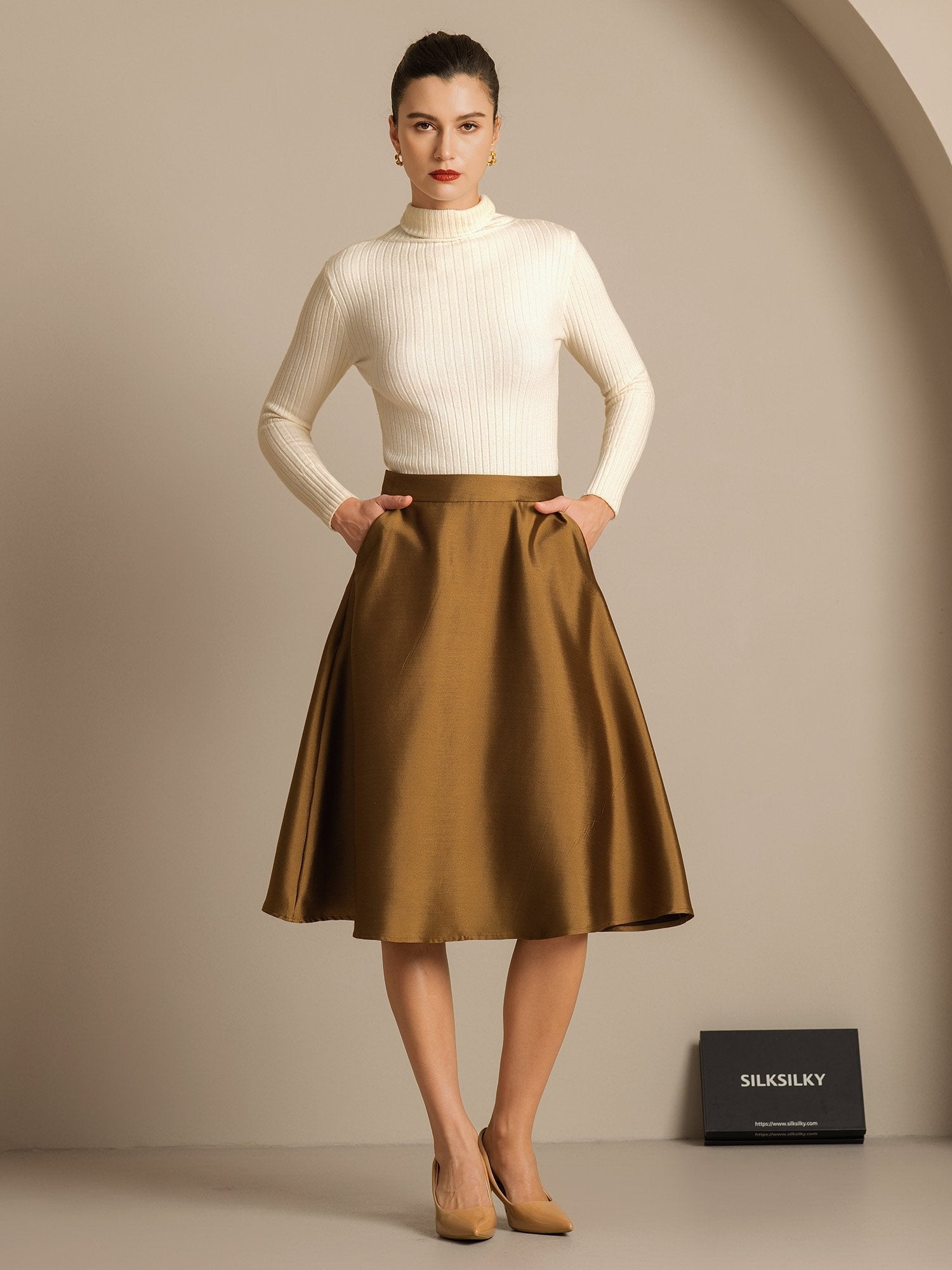 [Bronze] SilkSilky-DE 32Momme Silk-Wool Blend Skirt 008,