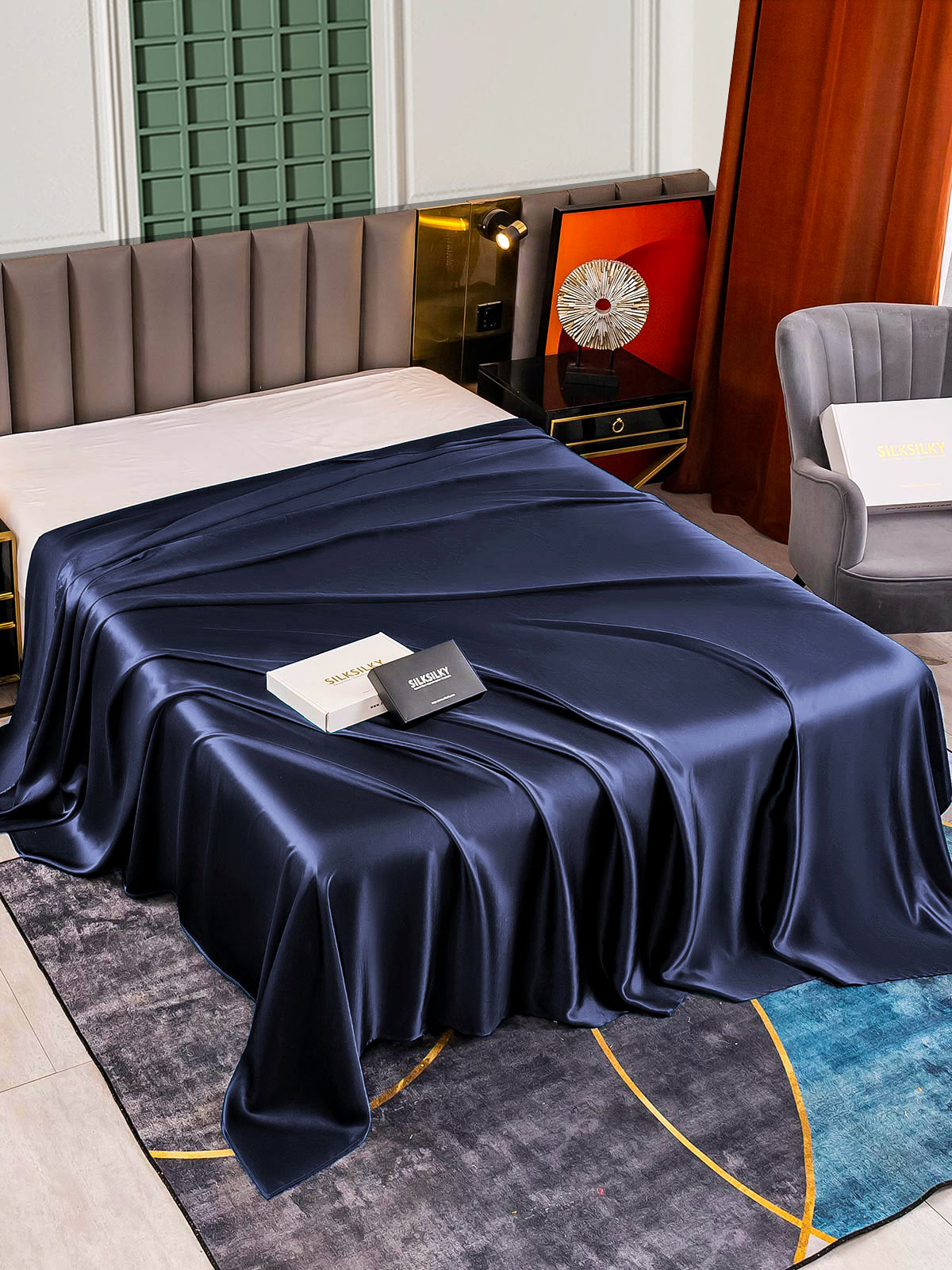 [Dunkelblau] SilkSilky-DE 25Momme Reine Seide Sheet 001