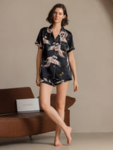 [Schwarz] SilkSilky-DE Short Sleeve Notch-Kragen Damen Pyjamas 006