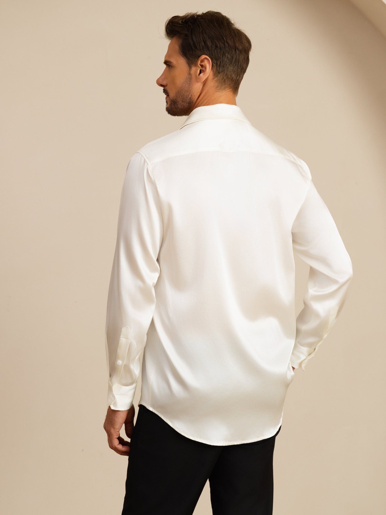 [Weiß] SilkSilky-DE 19Momme Langärmelig Lapelkragen Herrenhemd 002