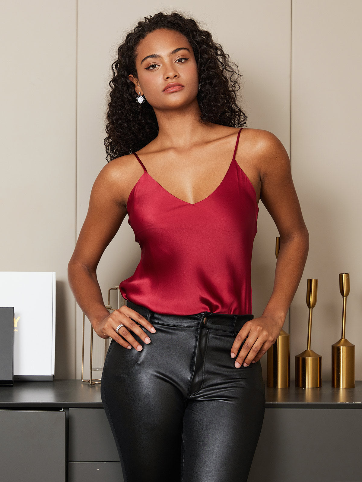 [Dunkelrot] SilkSilky-DE Spaghettiträger V Ausschnitt Cami Top 004