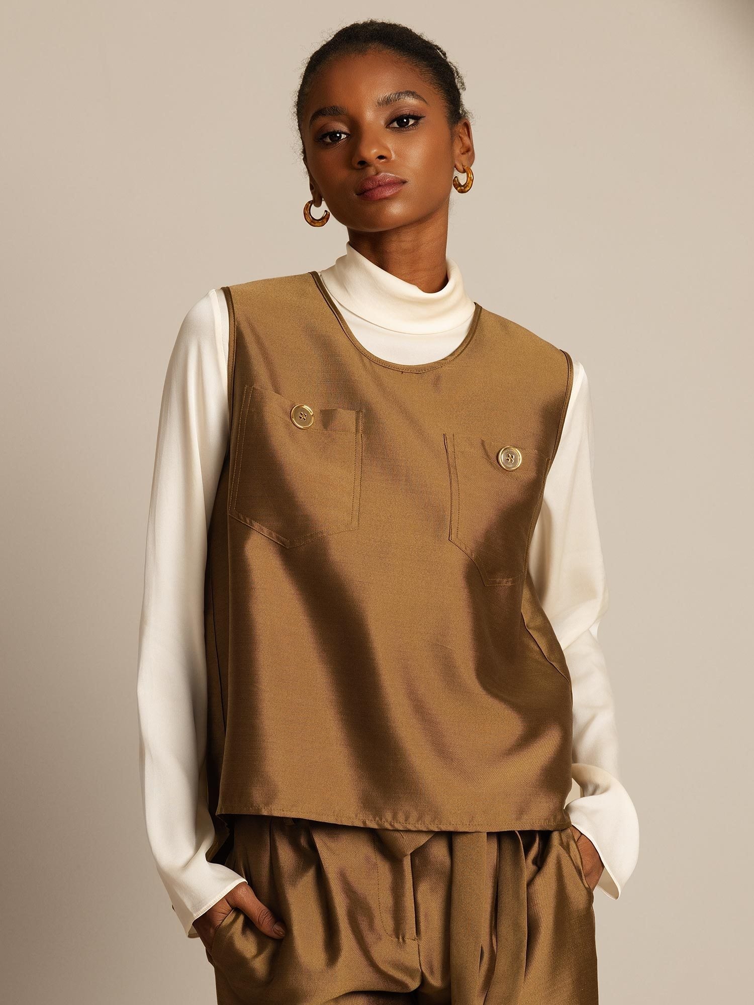 [Bronze] SilkSilky-DE 32Momme Silk-Wool Blend Womens Vest 001,