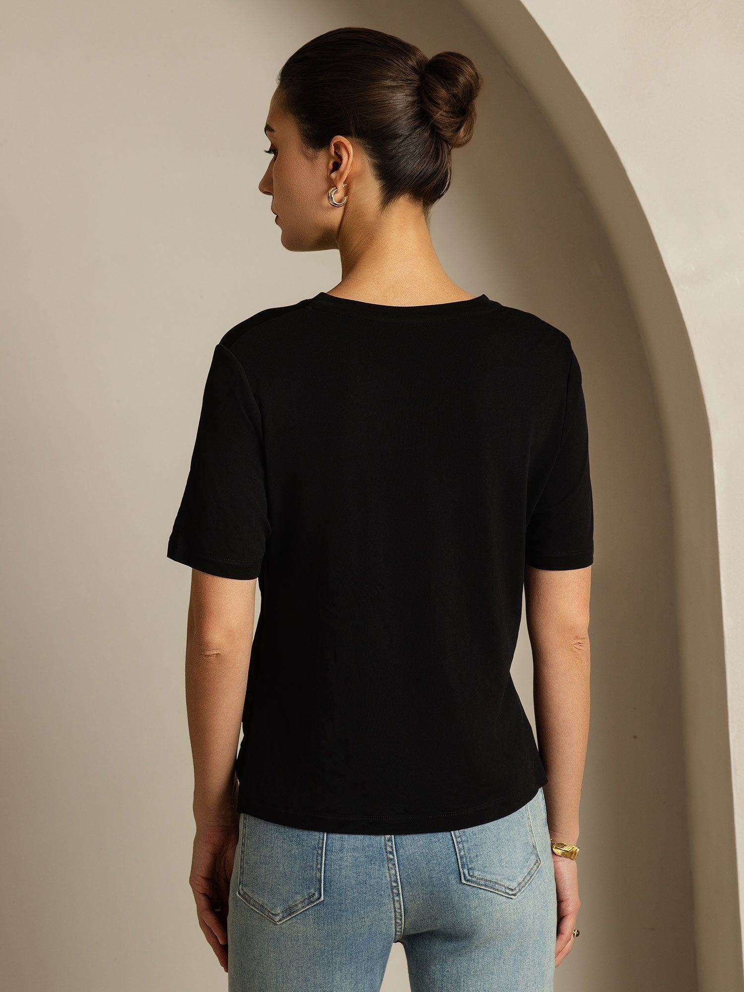 [Schwarz] SilkSilky-DE Kurzärmelig V Ausschnitt T-Shirt 002