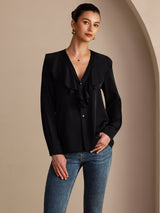 [Schwarz] SilkSilky-DE Long Sleeve Deep V Neck Damenblusen 001