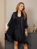 SilkSilky DE Reine Seide 3/4 lange Ärmel Nightgown&Robe Set Schwarz 001