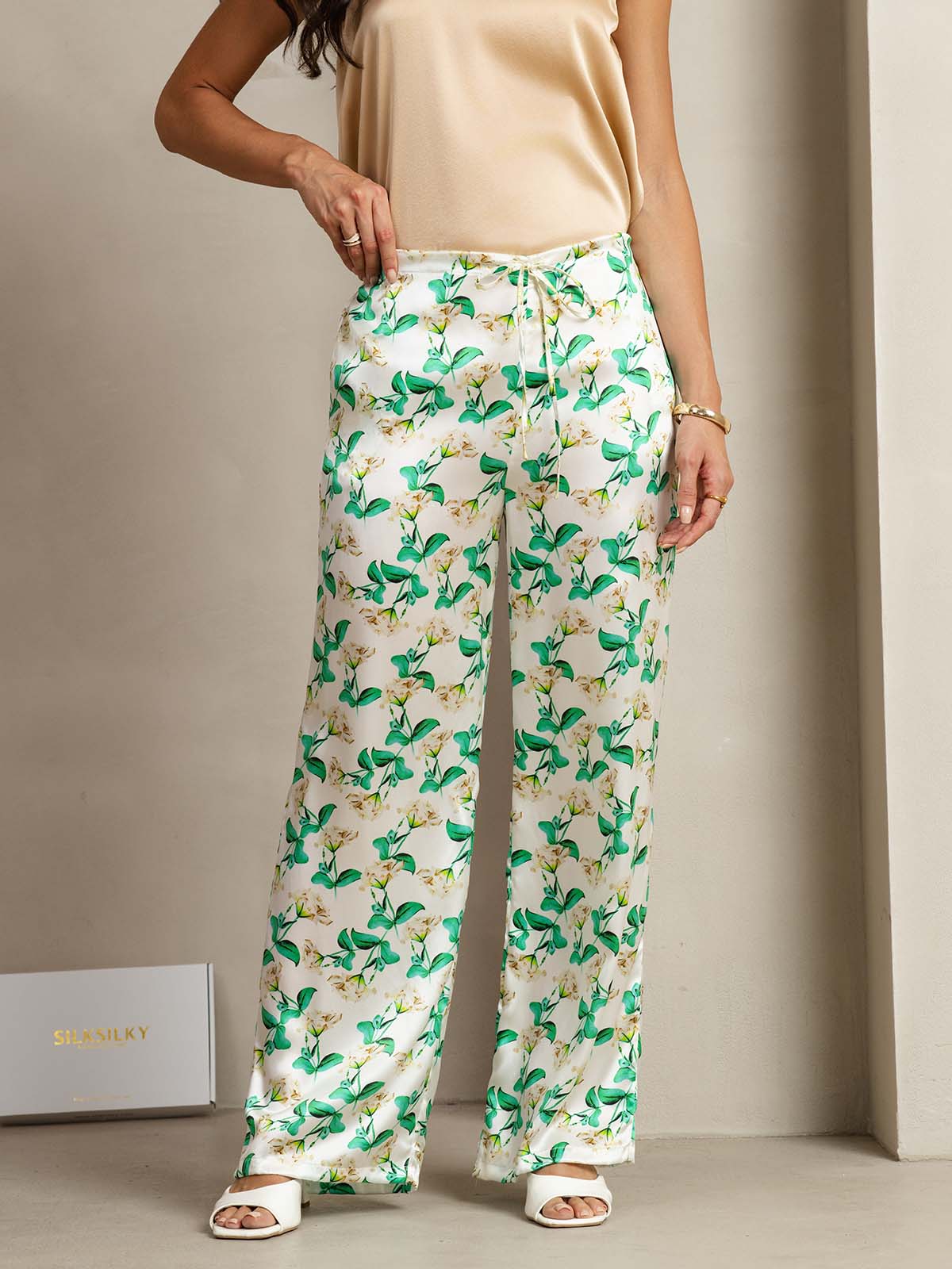 [Grün Blumen] SilkSilky-DE 19Momme Seide Womens Pants 001