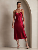 [Rotwein] SilkSilky-DE Sleeveless V Neck Kleider 006