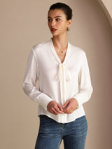 [Weiß] SilkSilky-DE Long Sleeve Tie Neck Damenblusen 004