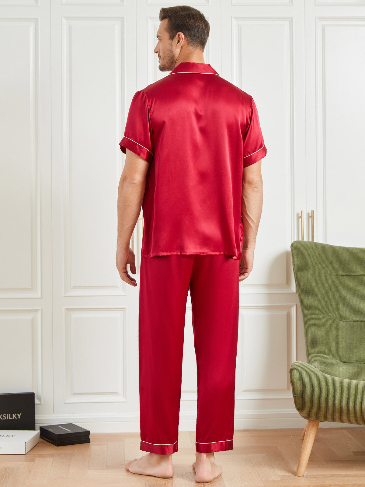 [Rot] SilkSilky-DE 19Momme Kurzärmelig Herren Pyjamas 002