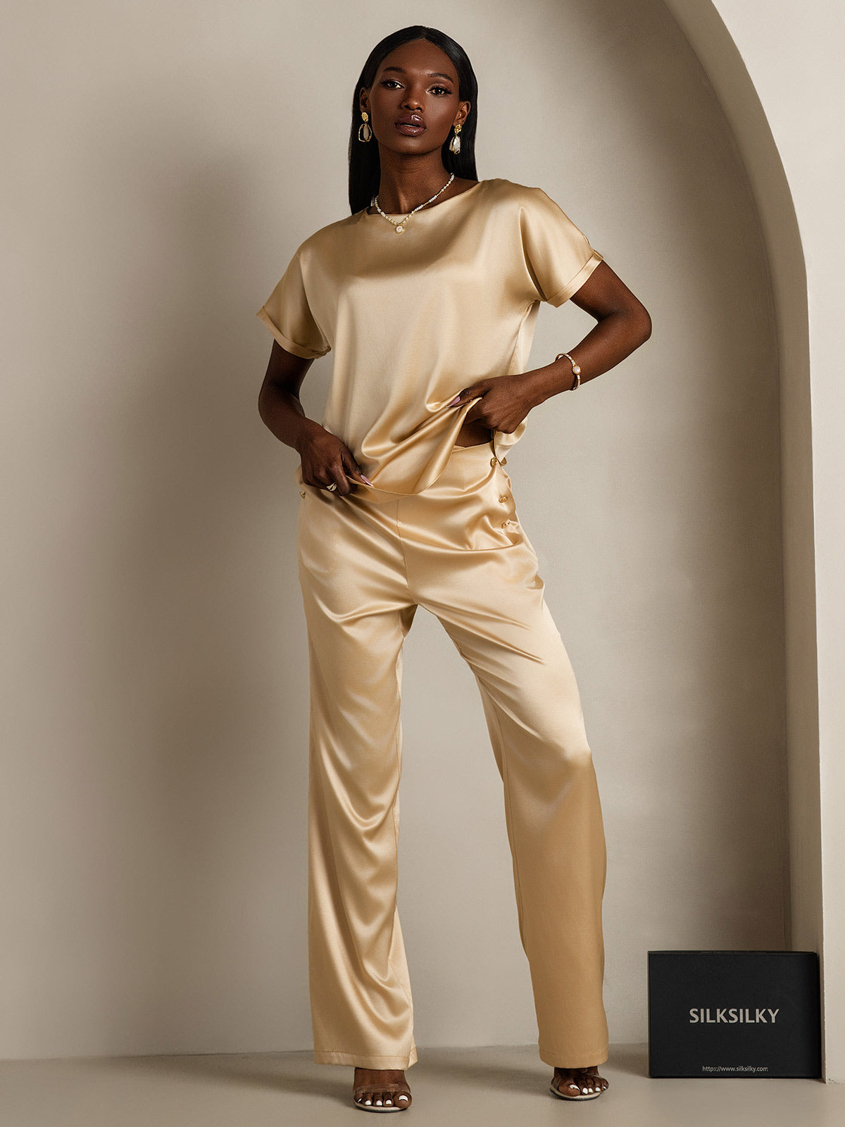 [Champagner] SilkSilky-DE 19Momme Seide Womens T-Shirt 006