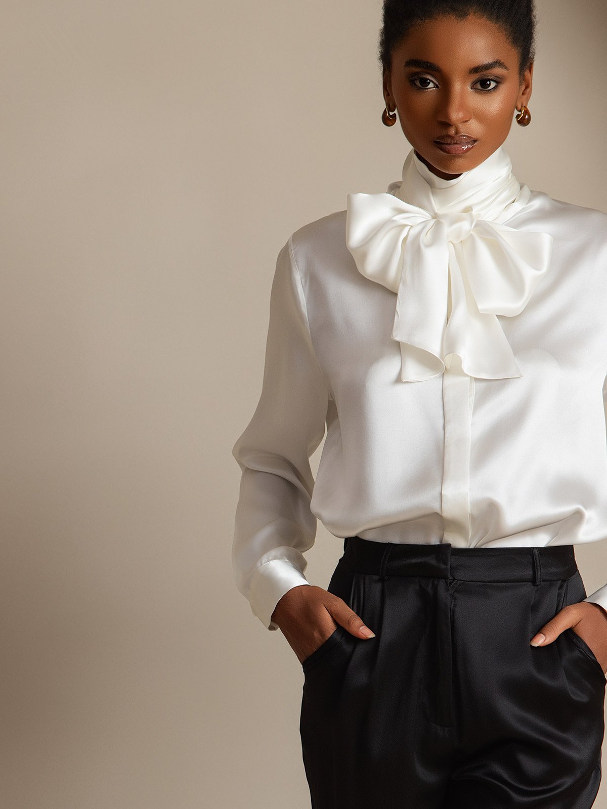 [Weiß] SilkSilky-DE 19Momme Seide Langärmelig Blouse 004