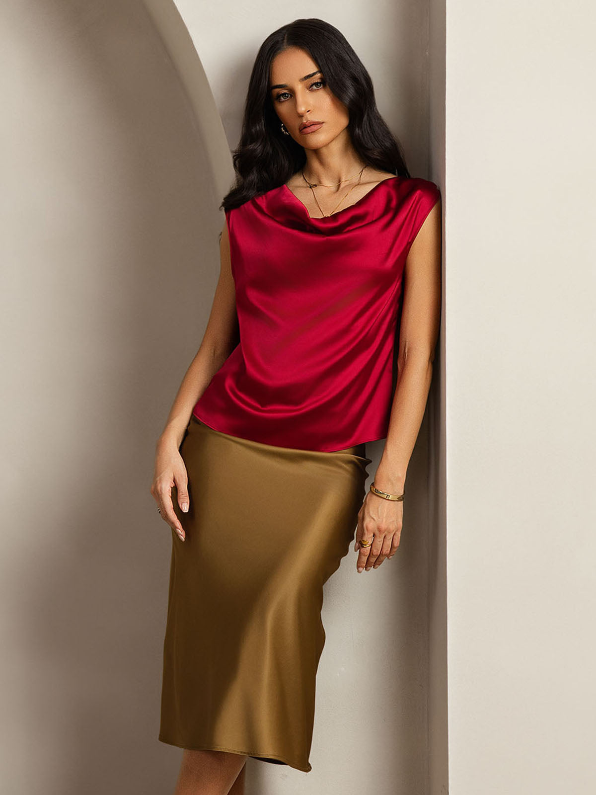 [Rotwein] SilkSilky-DE 19Momme Seide Ärmellos Wasserfallausschnitt T-Shirt 004